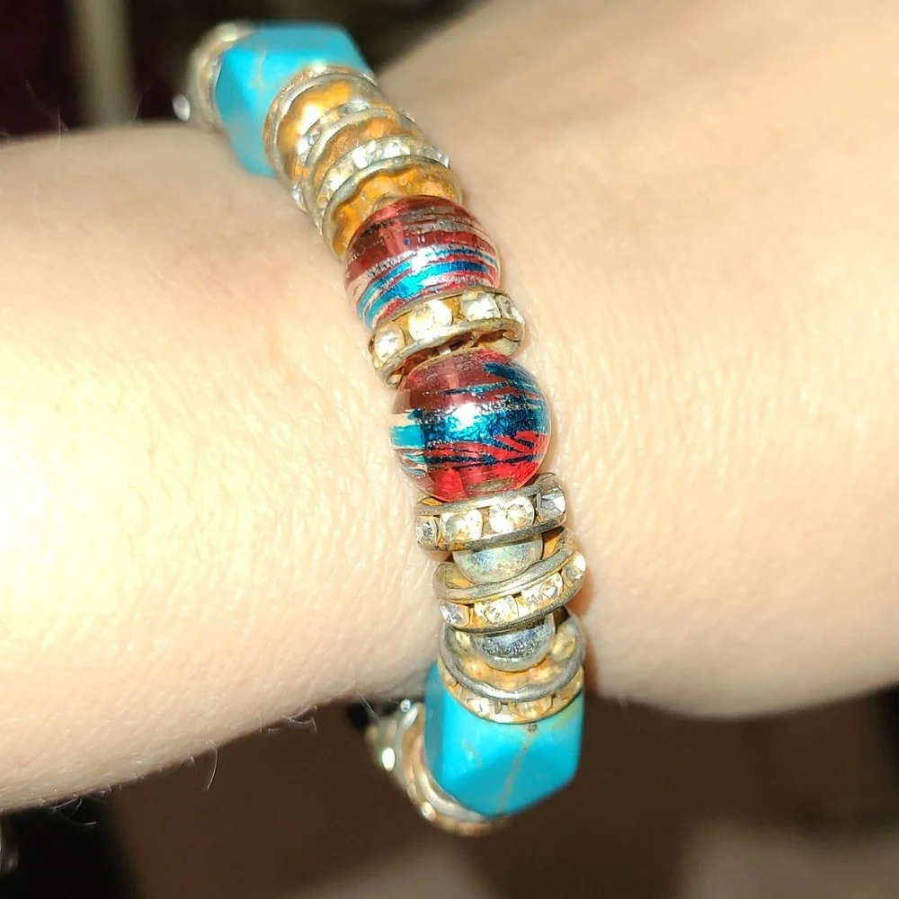 Turquoise and Red Beaded Bracelet - Picture 1 of 5
